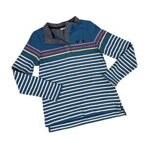 L.L. Bean Stripe Rugby Shirt Small Blue White Henley Button Neckline Long Sleeve